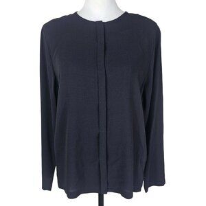 Eileen Fisher Silk Button Up Blouse PS Black Collarless Minimalist Office Luxury